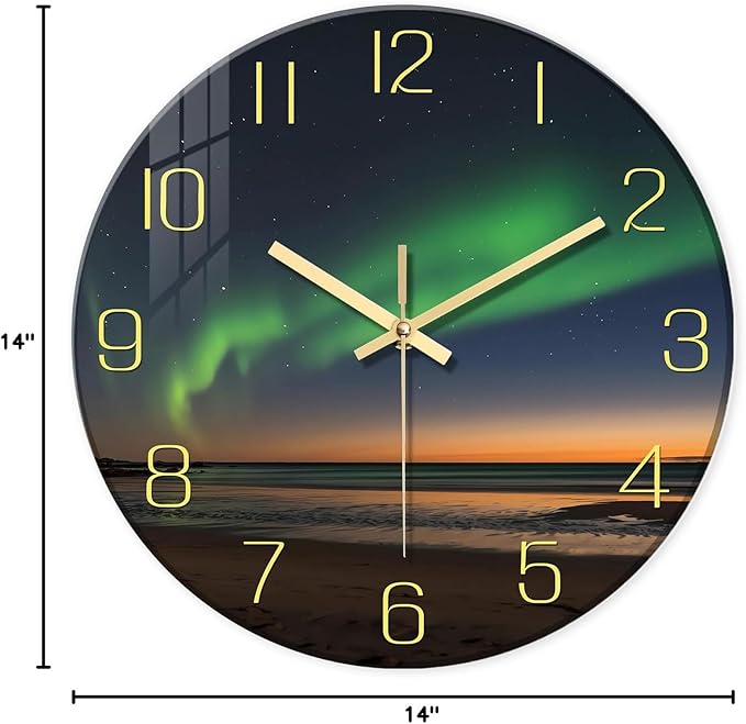 Beach Wall Clock for Bedroom 14 Inch Glass Silent Wall Clock Battery Operated Analog Clocks Wall Decorative