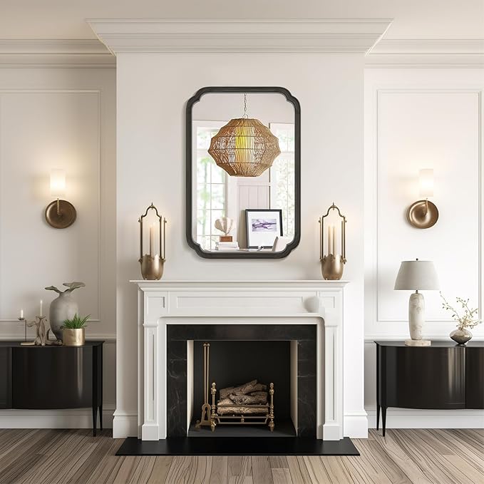 WallBeyond 24" x 36" Rounded Corner Arch Wall Mirror with Wood Frame for Entryway, Living Room or Bedroom Home Decor - Light Woodgrain [24" x 36" Black]