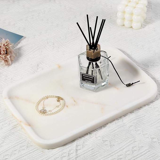 Koville Marble Tray, 12"x8" Marble Vanity Tray for Bathroom Kitchen Countertop, Rectangular Stone Tray for Cosmetics Perfume Trinket, Decorative Catchall Trays (Golden Calacatta)