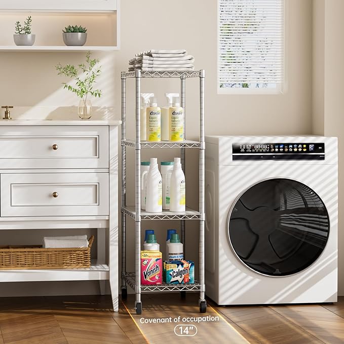 4 Tier Shelves Storage Shelf Wire Closet Bathroom Organizers Metal Pantry Kitchen Garage Shelving Unit Laundry Room Organization Home Rack Net Basket White with Wheels 14”D X 24”W X 48.9”H
