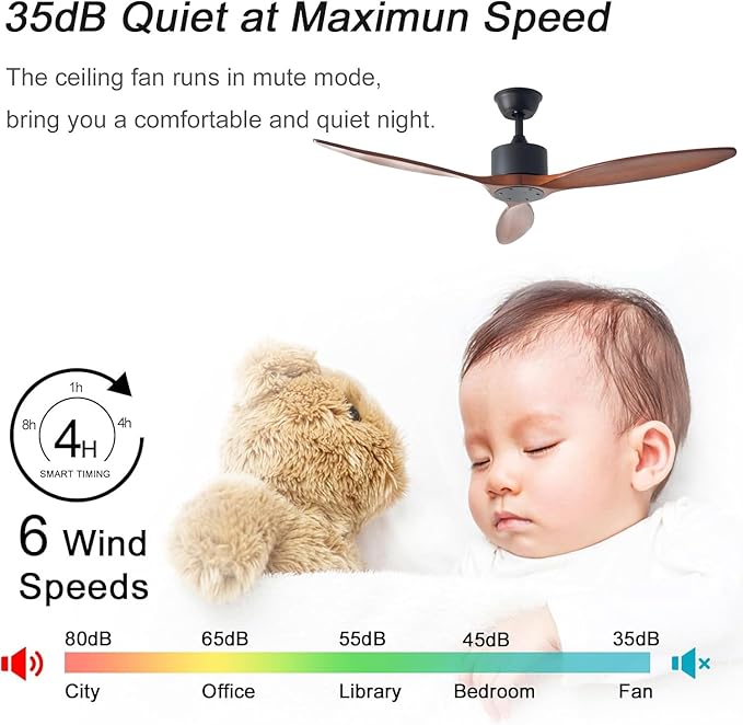 52 inch 3 blade Wood ceiling fan without light, Noiseless Reversible DC Motor Walnut Ceiling Fan Without Light for Farmhouse Patio Living Room Bedroom, Indoor Outdoor Ceiling Fan with Remote