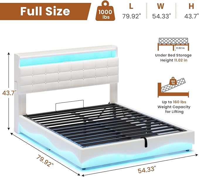 ADORNEVE Lift Up Storage Full Bed Frame with LED Lights, Hidden Storage Headboard and Charging Station, Upholstered Platform Bed, LED Bed with Hydraulic, No Box Spring Needed, Creamy White