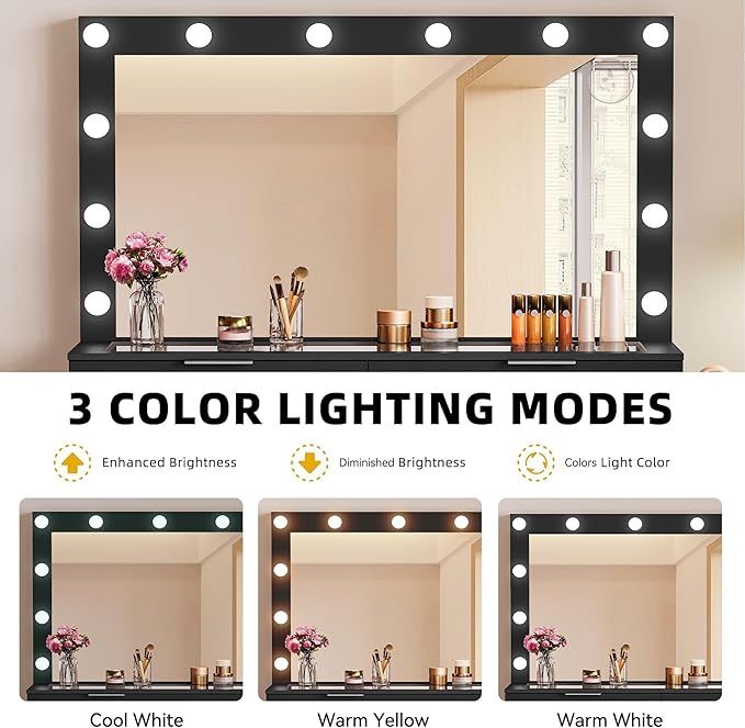 DWVO 46'' Glass Top Vanity Desk with 10 Drawers, Makeup Vanity Set with with Large Mirror and 12 LED Lights, Dressing Table with Charging Station & Storage Chair, 3-Color Light Modes, Black