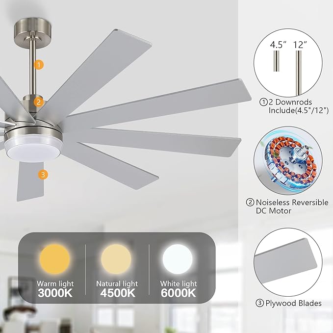 64" Ceiling Fan with Light Silver, 6-Speed Remote Control, Reversible DC Motor, Modern 9 Blades with 4.5"/12" Downrods for Home or Commercial, Living Room/Restaurant