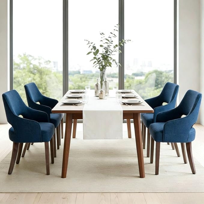 Farmhouse Dining Chairs Set of 2 Upholstered Linen Kitchen Chairs Accent Side Chair with Solid Wood Legs/Armrest for Living Room/Dining Room/Bedroom/Restaurant, Blue