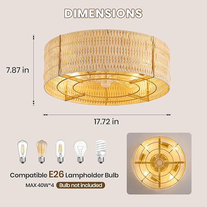 Boho Ceiling Fan with Light, Rattan Fandelier Flush Mount with Remote, Reversible Motor, Enclosed Low Profile Wicker Cage,Farmhouse Caged Ceiling Fans for Bedroom, Living Room, Kitchen