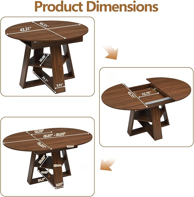 Round Dining Table for 4-8 People, 43.3"-59" Oval Dining Table Space Saving, Expandable Kitchen Table with Smooth Glide Mechanism Modern Design & Wood Base for Small Space (Walnut)