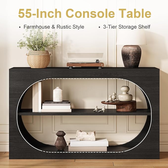 55-Inch Entryway Table with Storage, 3-Tier Console Tables, Behind Couch Table Wood Narrow Console Tables for Entryway, Living Room, Foyer, Hallway, Entry (Black)