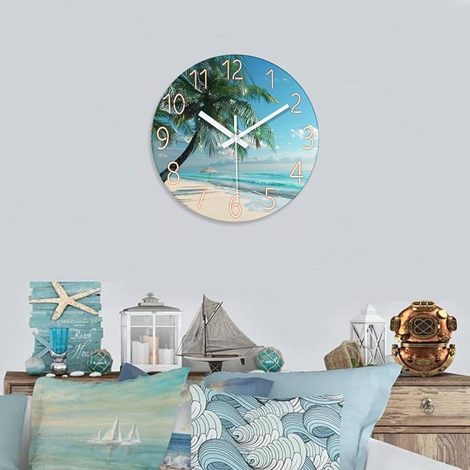 XFM Large Beach Wall Clock Silent Non-Ticking Battery Operated Clocks 24 Inch Blue Ocean Tropical Palm Tree Wall Clock Decorative for Living Room Kitchen Bedroom Office