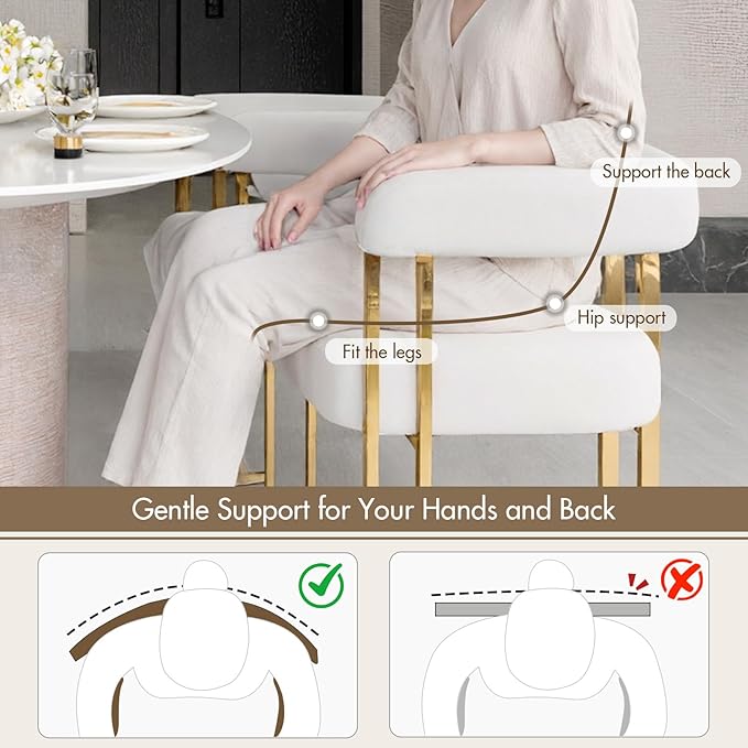 Beige and Gold Modern Dining Chairs Set of 6, Velvet Upholstered Barrel Armchairs with Metal Legs for Kitchen Island, Mid Century Accent Chairs for Dining Room Living Room, Open-Back