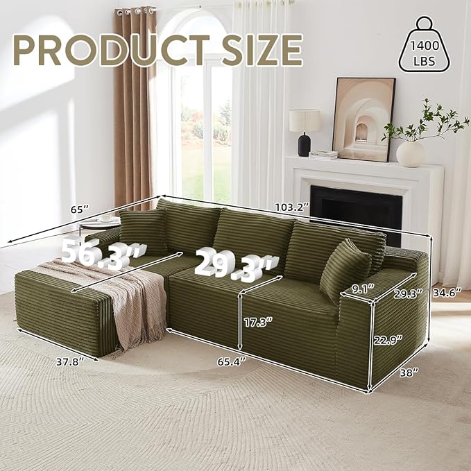 104 Inch Cloud Sectional Couch with L-Shape Chaise,Modern Upholstered Couches with Deep Seat,Corduroy Sponge Compressed Sofa for Living Room,No Assembly Required (Green)
