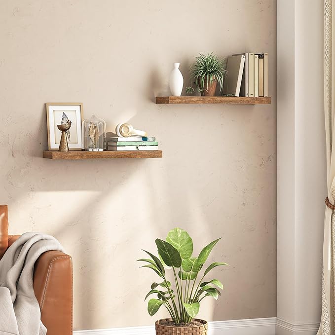 HOOBRO Floating Shelves for Wall, Wall Mounted Shelf Set of 2, 23.6" Hanging Shelf with Invisible Brackets, for Wall in Bathroom, Bedroom, Toilet, Kitchen, Living Room, Office, Rustic Brown BF60BJ01