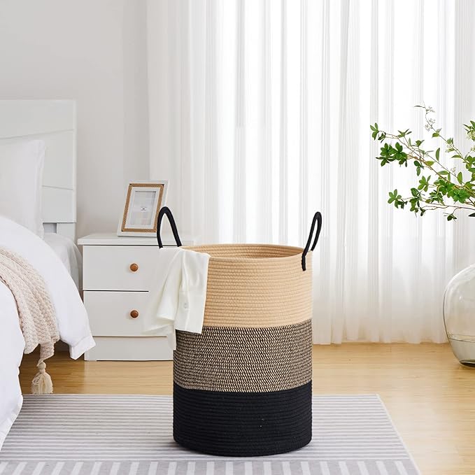 VIPOSCO Large Laundry Hamper, Tall Woven Rope Storage Basket for Blanket, Toys, Dirty Clothes in Living Room, Bathroom, Bedroom - 72L Brown & Black