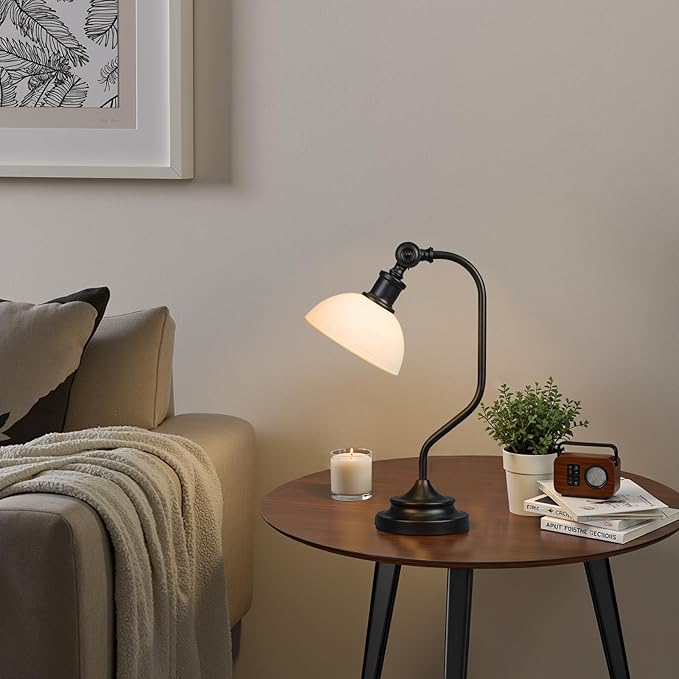 Cordless Vintage Bankers Table lamp, 5200-mAh Rechargeable Battery, 3-Level Brightness, Build-in Integrated LED 320 Lumen Max, Half-Globe Glass Shade, for Bedside Desk Nightstand Light