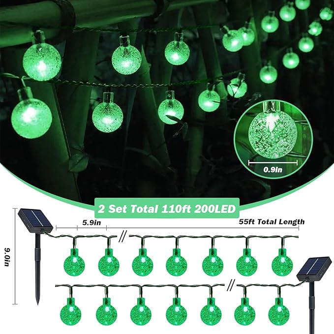 Solar Lights Outdoor Waterproof, 2 Pack Total 200LED 110FT Solar String Lights for Outside with 8 Modes, Outdoor String Lights Crystal Globe Patio Lights for Garden Yard Party Decor(Green)