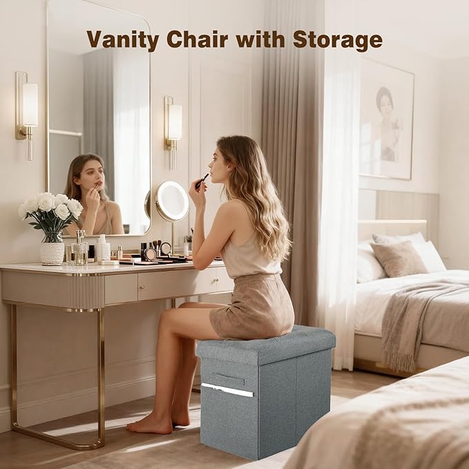 Ottoman with Storage, 61L Slim Tall Linen Footstool Bench with Thicker Foam Padded Seat. Ottoman Foot Rest for Living Room, Bedroom, Coffee Table. 350lbs Load Capacity, 17x13x17in, Light Gray