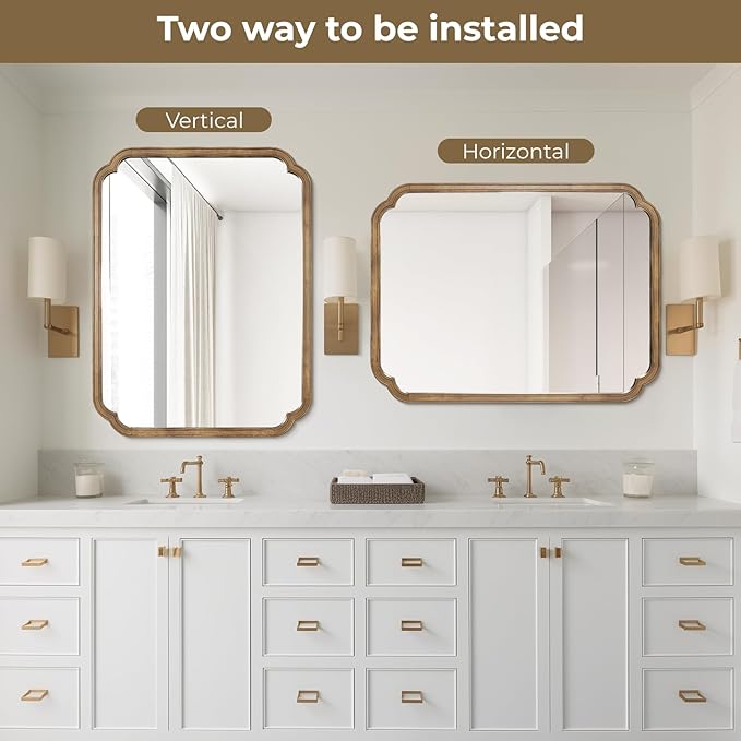 WallBeyond 30" x 40" Rounded Corner Arch Wall Mirror with Wood Frame for Entryway, Living Room or Bedroom Home Decor - Light Woodgrain, Honey-Colored