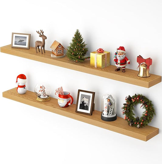 Heimlove 55 Inch Floating Shelves for Wall,Extra Long Mounted Storage Wall Shelves with Invisible Metal Bracket for Bedroom Living Room Kitchen Office Set of 2,Oak Color
