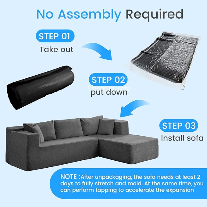 PUREMIND 106" Cloud Sectional Couch for Living Room, Corduroy L Shape Sofa with Deep Seat, Modular Boneless Foam Couch Corner Couches No Assembly Required