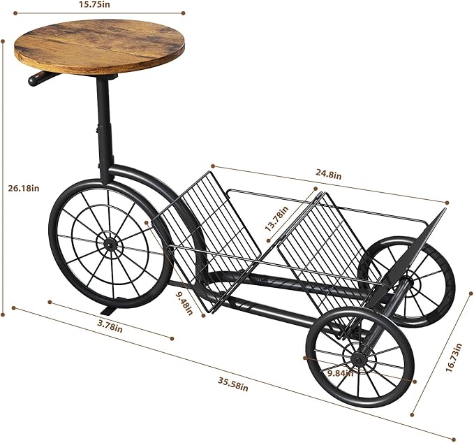 Bike Style End Table, Modern Industrial Side Table with Coffee Bar, Rustic Sofa Table with Vinyl Record Storage, Creative Magazine Holder Organizer for Living Room and Office