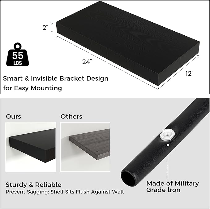 Floating Shelves for Wall, 24 Inch Wide x 12 Inch Deep Floating Shelves, Long Wood Floating Wall Shelf Shelves for Living Room Bathroom Bedroom Kitchen Home - (Black, 24" W x 12" D x 2" H)
