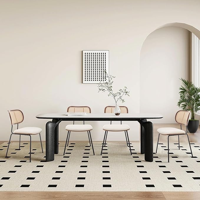 Rattan Dining Chairs Set of 4, Mid Century Modern Dining Chairs with Cane Back for Kitchen Dining Room, 19 Inch Faux Leather Beige