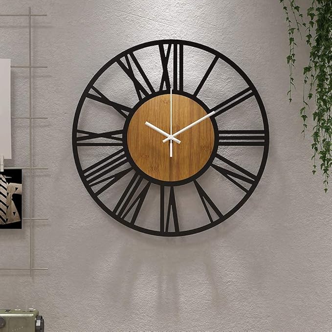 1st owned Wall Clocks for Living Room Decor,16" Vintage,Round Silent Non Ticking,Black Metal,Modern Wood Clocks for Home Bedroom,Kitchen,Garden,Office,Cafe,Modern Wall Decoration -Roman Numerals