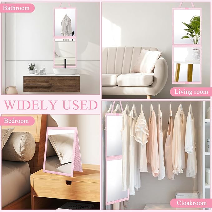 Foldable Travel Portable Full Length Mirror, Dance Bag Hanging Mirror, Full Body Mirror for Dance, Camping, Travel, Dance Competition Must Haves Backstage Folding Hanging Mirror (Pink, 33*13 Inch)