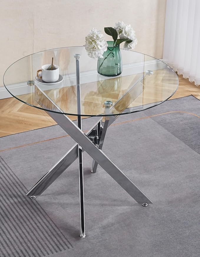 36" Round Dining Table for 4, Modern Clear Glass Kitchen Table for 4 with Silver X Metal Legs, Contemporary Small Circle Dining Room Leisure Tables for Kitchen Apartment