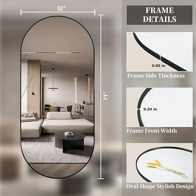 Oval Full Length Mirror, 71"×32" Wall-Mounted Floor Mirror with Metal Frame, Ultra-Clear Explosion-Proof Dressing Mirror, Simple and Classic Deco for Cloakroom/Bedroom/Living Room, Black