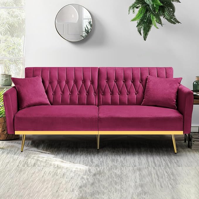 70” Velvet Futon Sofa Bed with 2 Pillows and Adjustable Armrests, Convertible Sleeper Bed W/Adjustable Backrests, Modern Loveseat for Living Room, Bedroom, Fuchsia