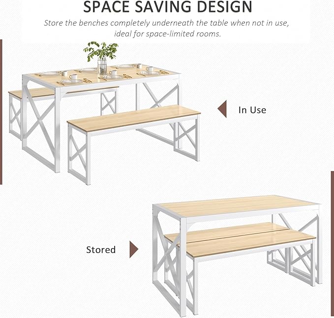 VECELO Kitchen Dining Table Benches Set for 4, 55" Wooden Dinette with 2 Benches, Heavy-Duty Dining Room Table for Small Space, Breakfast Nook, Natural Oak