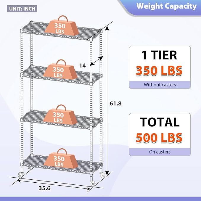 FDW 4-Tier Wire Shelving Storage Shelves Adjustable NSF Wire Shelf Heavy Duty Storage Shelving Unit on 3” Wheel Casters Commercial Metal Wire Rack 36L x 14W x 62H,Chrome