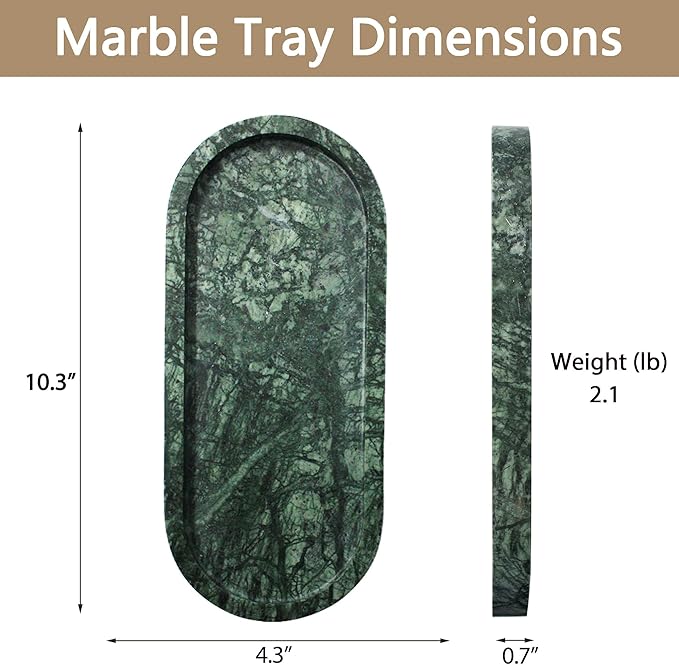100% Natural Marble Vanity Tray for Bathroom, Luxury Indian Green Decorative Marble Oval Trays for Bathroom Countertop Storage Organizer, Vanity Dresser Kitchen Home Decor, 10.2" x 4.3", Green
