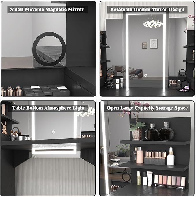 57.1" W Vanity Makeup Table with Lighted Mirror Table with Tri-Folding Mirror, 8 Drawers, 3 Light Modes, Open Storage Shelves, Vanity Table as Gifts for Girls/Women Vanity Must Haves