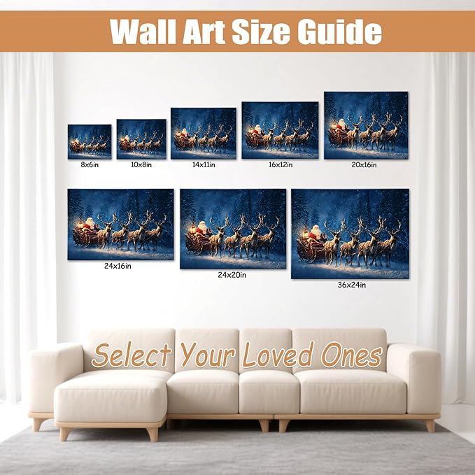 Vintage Santa's Sleigh Christmas Canvas Wall Art - Festive Winter Journey Framed Print for Bedroom Decor, Rustic Christmas Wall Art with Wood Frame, Ideal Christmas Gifts & Cozy Holiday Decorations