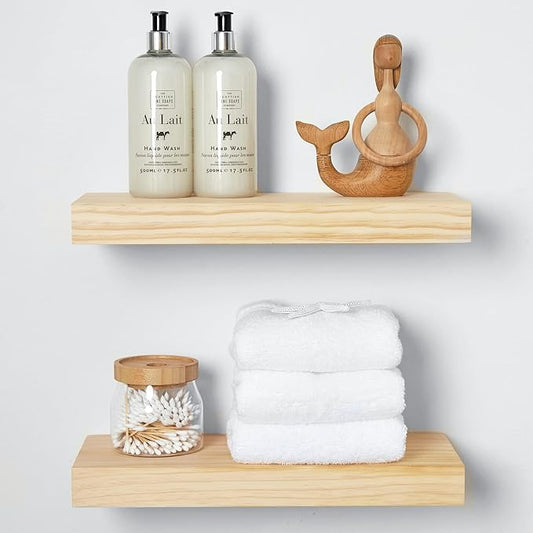 Homeforia 16 inch Natural Floating Shelf, High End Solid Real Wood 16inch Small Floating Shelves for Wall Mounted, Natural Wooden Floating Shelves, Heavy Duty Bracket, 16 X 6.5 X 1.75 in, Set of 2