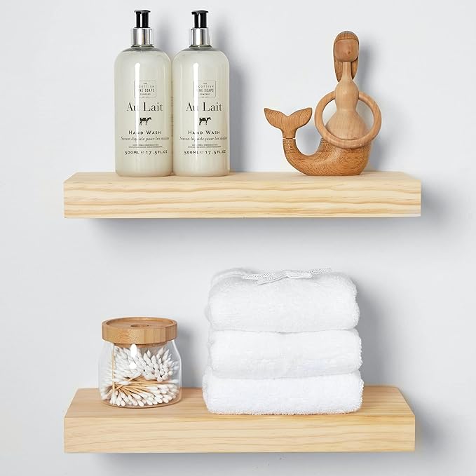 Homeforia 16 inch Natural Floating Shelf, High End Solid Real Wood 16inch Small Floating Shelves for Wall Mounted, Natural Wooden Floating Shelves, Heavy Duty Bracket, 16 X 6.5 X 1.75 in, Set of 3