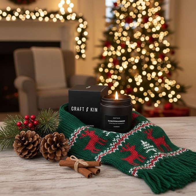 Craft & Kin Premium Orange & Eucalyptus Candle | Black Christmas Scented Candles for Home | Long Lasting with 45 Hour Burn Time, 7.6oz | Soy Holiday Candle | Aromatherapy at Home | Gifts for Men