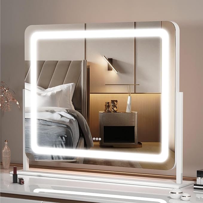 Hasipu Vanity Mirror with Lights, 24.2" x 18.9" LED Make up Mirror, Light up Mirror with 10X Magnification and USB Charging Port, Phone Holder, Smart Touch 3 Colors Dimmable, 360° Rotation (White)