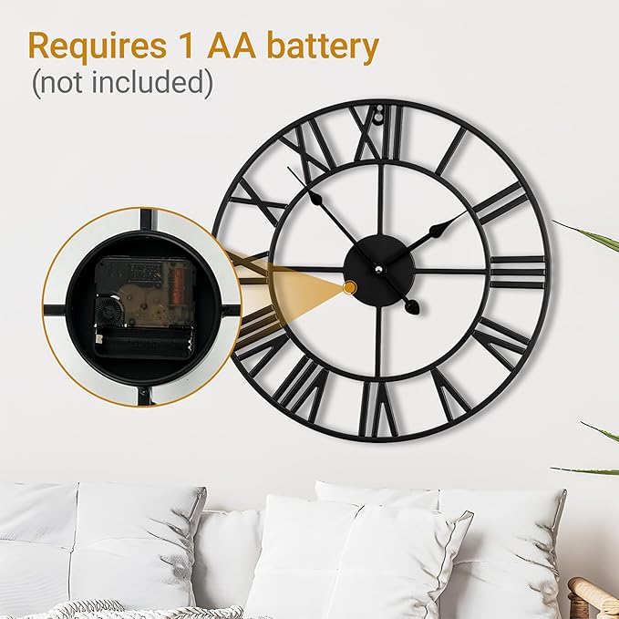 30inch/76cm Extra Large Wall Clock for Bedroom Living Room Battery Operated Big Metal Decorative Analog Silent Giant Non Ticking Clocks Room Wall Decor (Iron Roman Numerals, 30 inches)