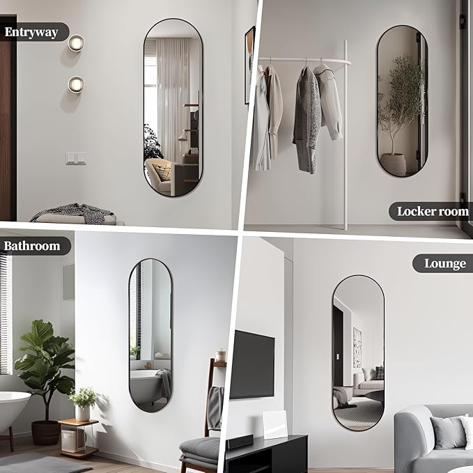 Oval Full Length Mirror, 60"×19" Wall-Mounted Mirror with Metal Frame, Ultra-Clear Explosion-Proof, Simple and Classic Deco for Cloakroom/Bedroom/Living Room, Black