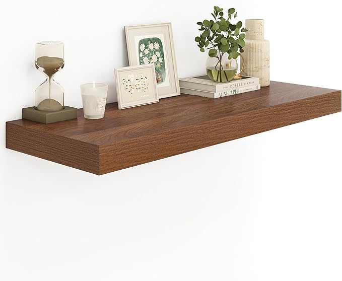 Heimlove Walnut Bathroom Shelf Floating Shelves for Over Toilet Long Wall Mounted Modern Farmhouse,48 x 12 with Invisible Brackets for Living Room, Kitchen, Bedroom