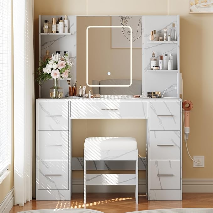 Hetoy Vanity Desk with Mirror and Lights - Makeup Vanity Desk with Chair - Dressing Table with 7 Drawers and Hair Dryer Rack for Bedroom