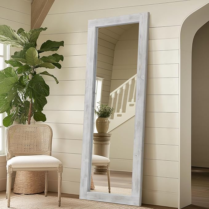Rustic Farmhouse Full Length Mirror 64"X21" Wood Frame Floor Mirror with Stand, Free Standing Mirror Leaning or Hanging for Bedroom Living Room, Tempered Glass, White