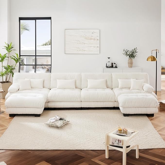 173.2" Oversized Couch, 4 Seater Modular Sectional Sofa, White Large U Shaped Sectional Fluffy Couch Set, Chenille Cloud Couch with Ottoman, Deep Seat Sofas for Living Room