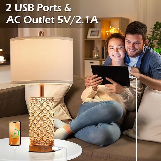Crystal Table Lamps 3-Way Dimmable Bedroom Lamp with 2 USB Ports & AC Outlets for Living Room Retro Bedside Nightstand Lamp Night Light (Rose Gold- 1 Pack 24In)