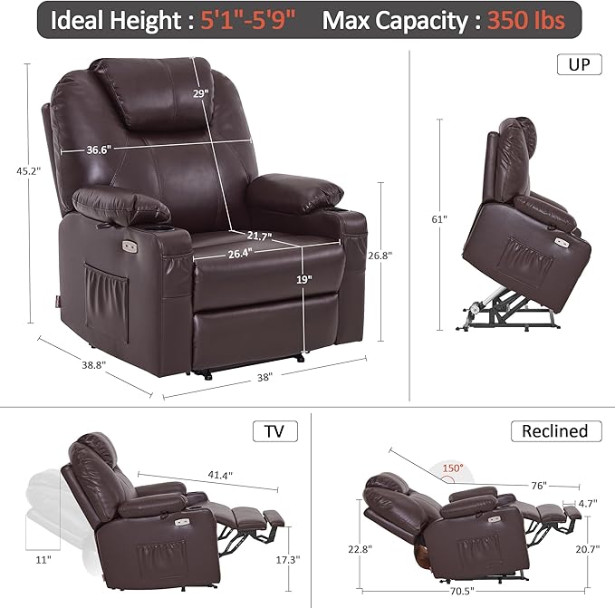 MCombo Extra Wide Power Lift Recliner Chair for Elderly, Lift Chair with Heat and Massage for Big People, USB&Type C Ports, Cup Holders, Faux Leather R7045 (Dark Brown, Medium-Wide)