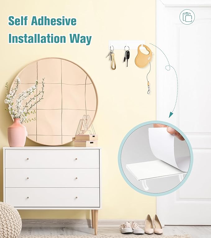 RELBRO Key Holder Wall Mount, Large Metal Self Adhesive Key Rack with 4 Hooks, 2 Installation Options, White