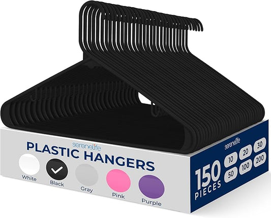 SereneLife 150 Pack Plastic Hangers, Lightweight, Durable, Space Saving Clothes Organizers, Suitable for Shirts, Sweaters, Hoodies, Dresses, Kids Clothes, Good for Home Organization (Black)